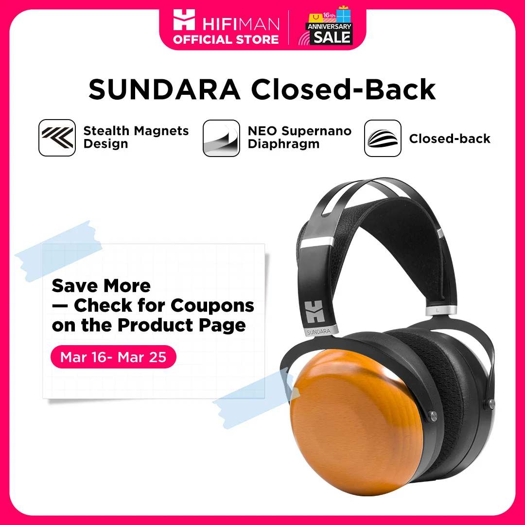HIFIMAN SUNDARA 클로즈드백 오버이어 평면형 마그네틱 유선 하이파이 헤드폰, 스텔스 마그넷 디자인, 우드 이어컵
