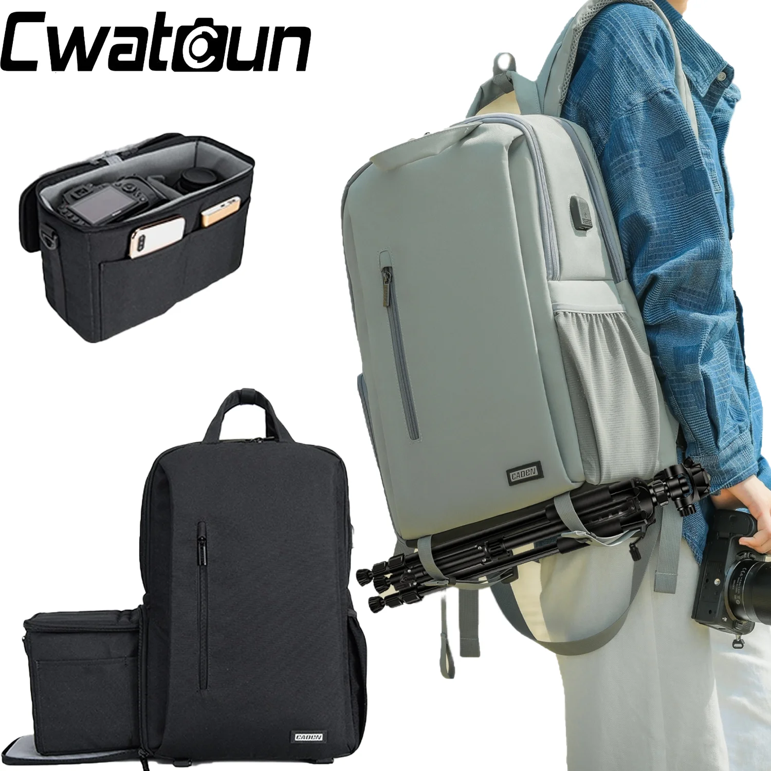 Cwatcun 카메라 가방 SLR 사진 촬영 다기능 더블 숄더 데일리 캐주얼 아웃도어 카메라 보관 가방