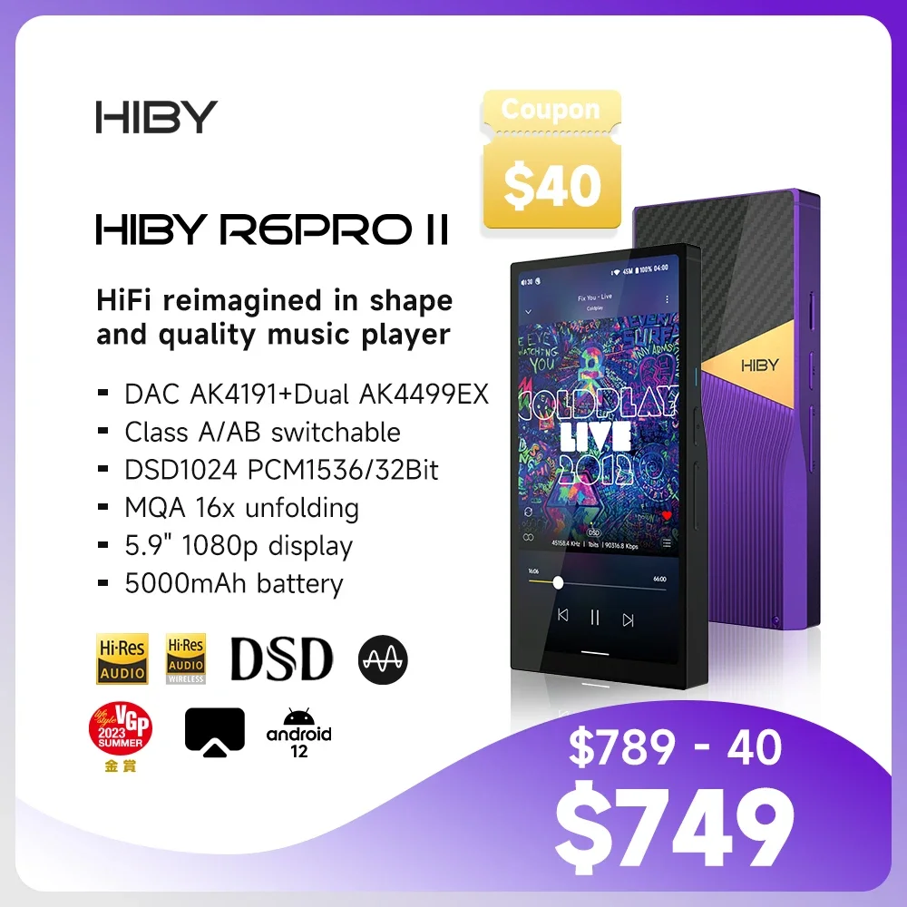 Hiby R6 Pro II / R6 Pro Gen 2 안드로이드 하이파이 뮤직 플레이어 Wifi USB DAC 헤드폰 앰프 MQA 16x DSD1024 1536kHz/32비트 1080p