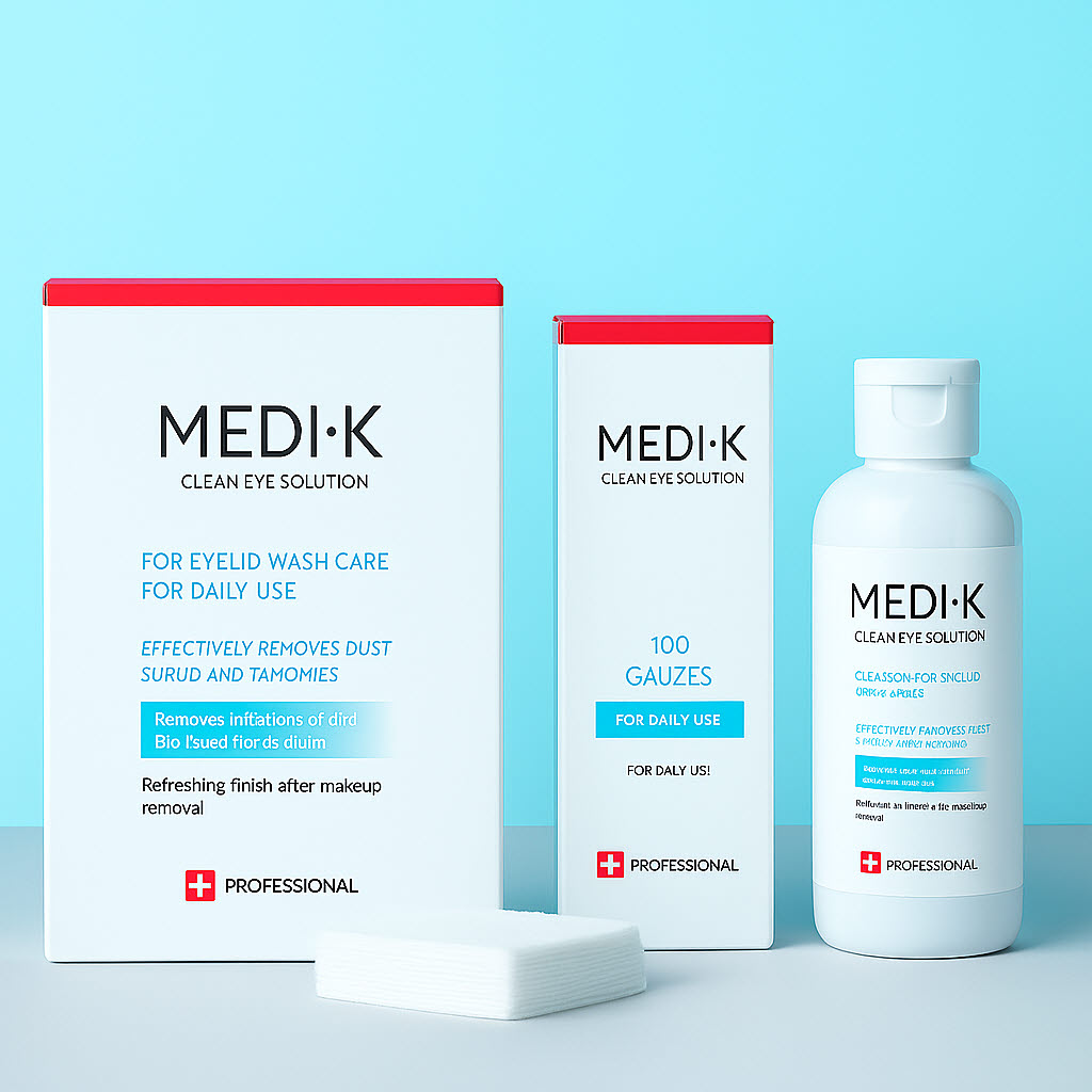 약국입점 메디케이 클린아이솔루션 눈꺼풀세정제 대용량 150ml + 의약외품 거즈 100매, 1세트, 무색