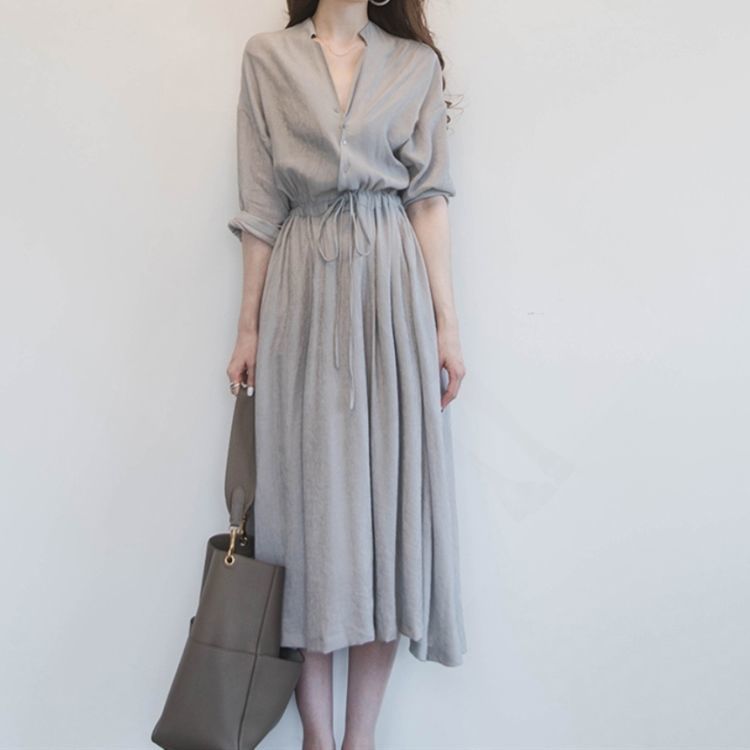 Makone 여성 브이넥 롱 원피스 캐주얼 빅사이즈 A라인 엘리강스 오피룩 하객룩