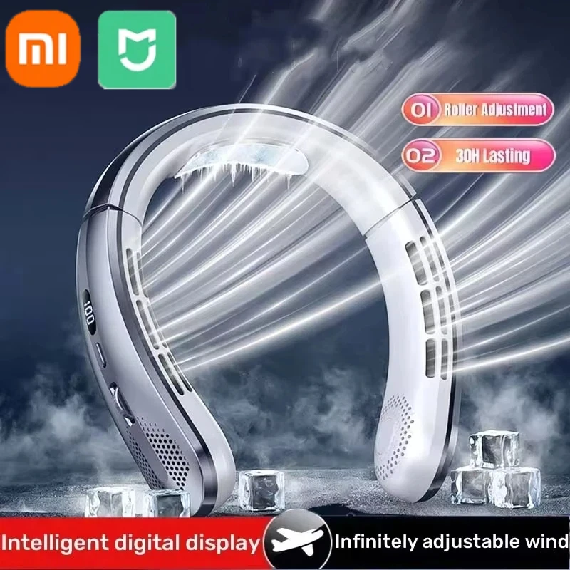 Xiaomi 8000mAh USB 교수형 목 팬 휴대용 블레이드리스 미니 충전식 음소거 LED 디지털 디스플레이 전기 팬 공기 냉각기 신규