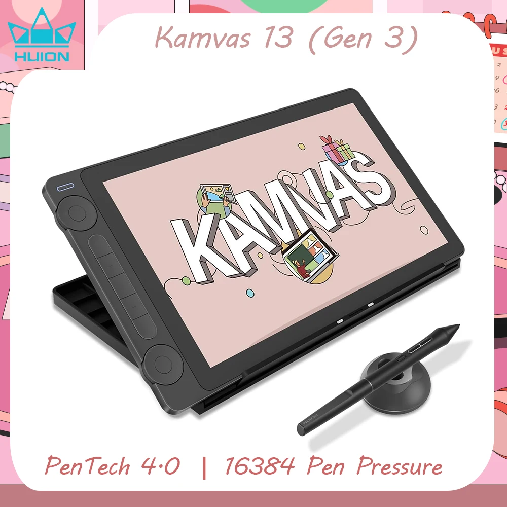 Huion 태블릿 Kamvas 13 (Gen 3) 그래픽 태블릿 모니터, 16K 레벨 압력, 13.3 인치 스크린 드로잉 디스플레이, 펜테크 4.0 스타일러스