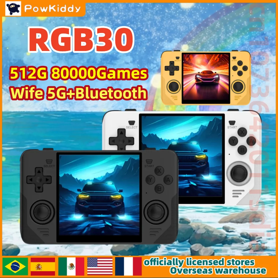 POWKIDDY RGB30 휴대용 휴대용 게임 콘솔 4 인치 HD IPS 스크린 휴대용 비디오 플레이어 WIFI 512GPSP 더블 조이스틱 HDMI 선물