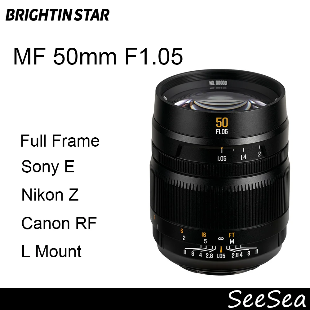 Brightin Star MF 50mm F1.05 소니 E/니콘 Z/캐논 RF/파나소닉 L 마운트 미러리스 카메라용 풀프레임 대구경 렌즈