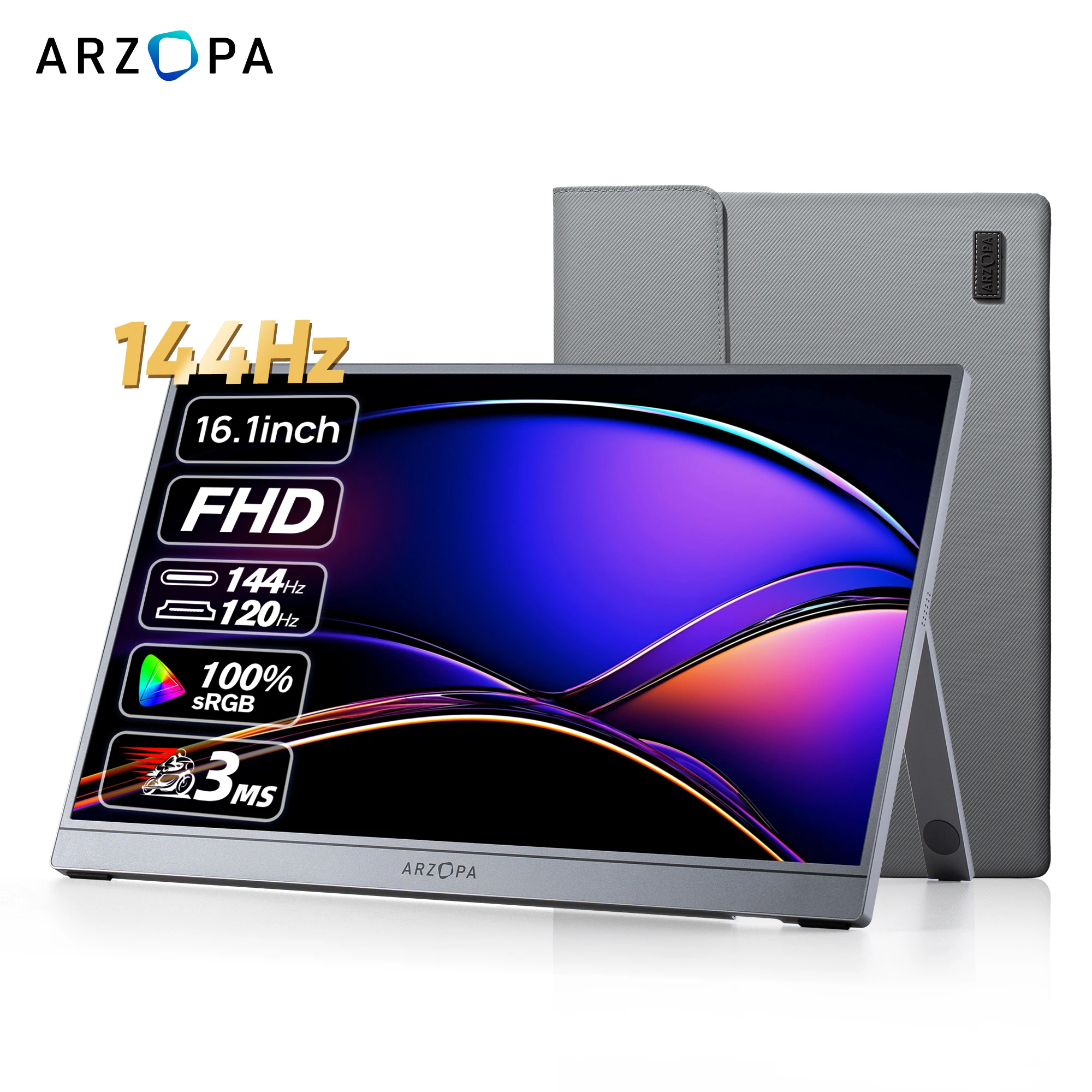 [업데이트 그레이 컬러 +가방 세트] ARZOPA 16.1 144hz 휴대용 게이밍 모니터,FHD 1080P 100% sRGB,HDR,Type-C HDMI,2차 스크린 모니터