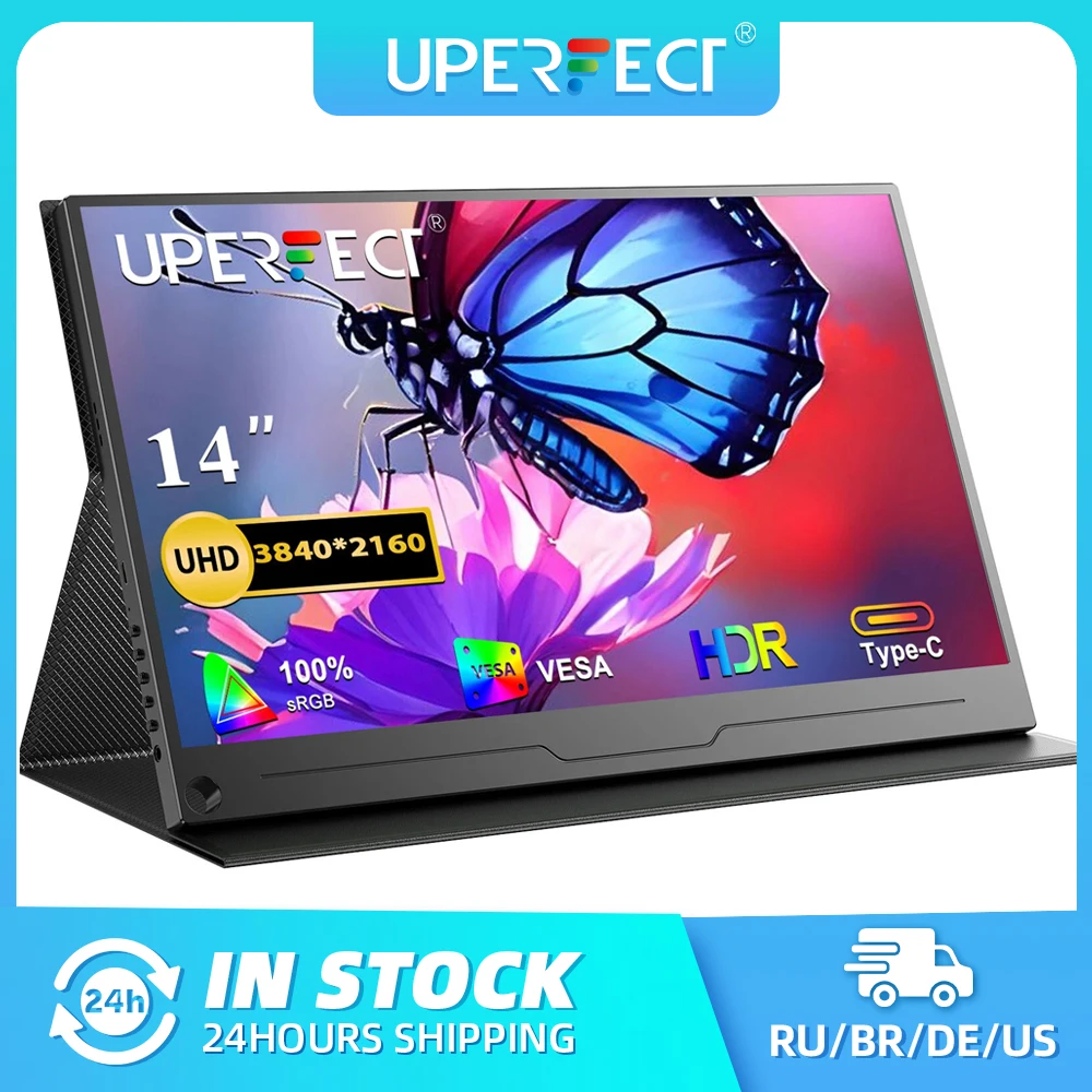 UPERFECT 14인치 4K 휴대용 모니터 3840 * 2160 1500:1 USB C HDMI 외부 보조 컴퓨터 디스플레이 화면 (VESA 포함, 삼성 DEX PC 폰용)