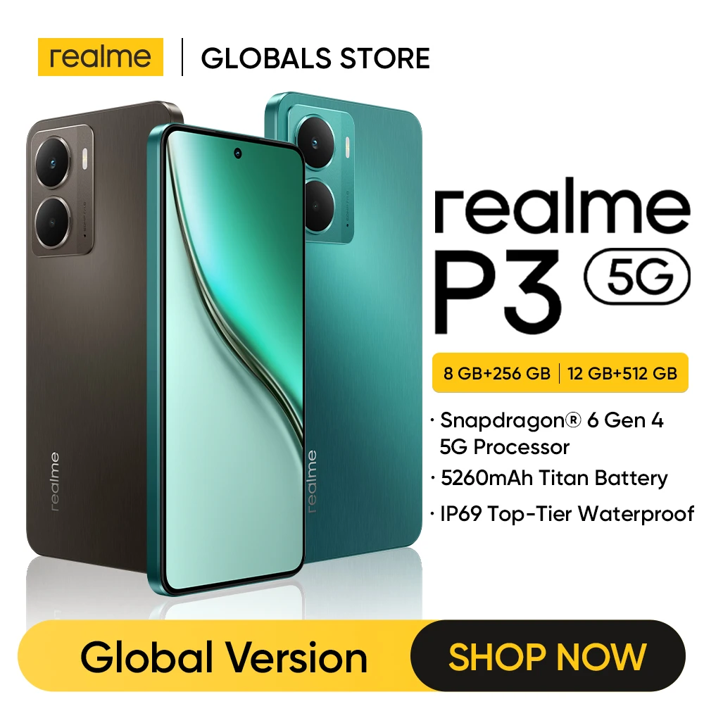 [재고정리] realme P3 5G 스마트폰 5260mAh 배터리 NFC 스냅드래곤 6 Gen 4 칩셋 6.67인치 120Hz AMOLED 디스플레이 글로벌 버전
