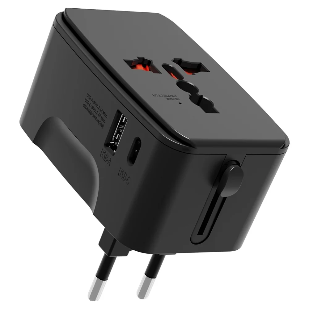 누아트 해외 여행용 멀티 어댑터 2포트 C타입 + USB 포트 블랙